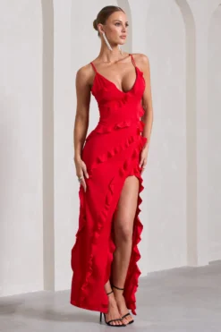 Best Seller 7 Run The World | Red Plunge Neckline Ruffle Maxi Dress