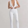 Darcy | White Plunge Neck Tailored Jumpsuit With Tie Detail