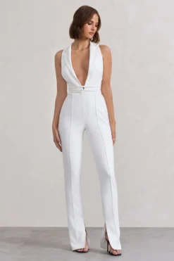 Darcy | White Plunge Neck Tailored Jumpsuit With Tie Detail -Stylixon Sales Store WB CL127823005 DarcyWhitePlungeNeckTailoredJumpsuitWithTieDetail2 scaled