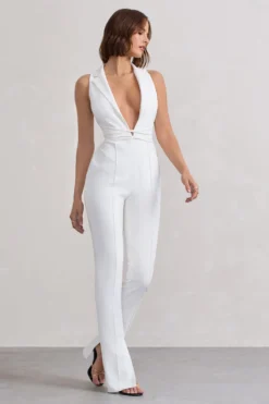 Darcy | White Plunge Neck Tailored Jumpsuit With Tie Detail -Stylixon Sales Store WB CL127823005 DarcyWhitePlungeNeckTailoredJumpsuitWithTieDetail3 scaled