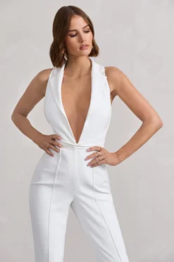 Darcy | White Plunge Neck Tailored Jumpsuit With Tie Detail -Stylixon Sales Store WB CL127823005 DarcyWhitePlungeNeckTailoredJumpsuitWithTieDetail8 scaled