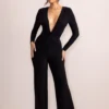 Ember | Black Twist Front Plunge Wide Leg Jumpsuit