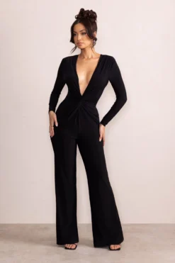 Ember | Black Twist Front Plunge Wide Leg Jumpsuit