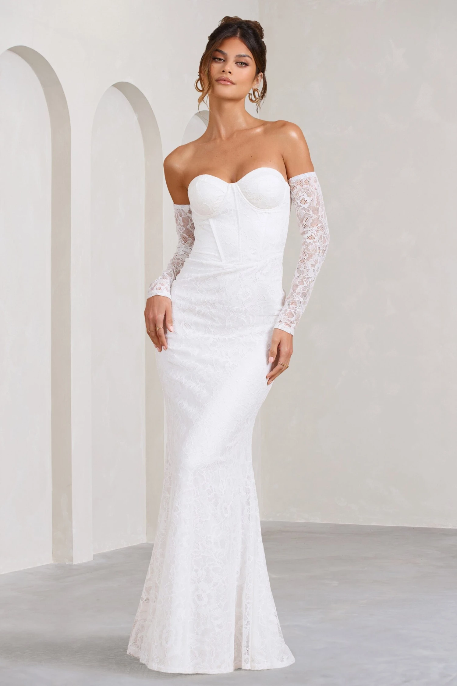 Aniyah | White Lace Bandeau Neckline Corset Fishtail Maxi Dress With Sheer Sleeves 1 Aniyah | White Lace Bandeau Neckline Corset Fishtail Maxi Dress With Sheer Sleeves