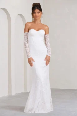 Aniyah | White Lace Bandeau Neckline Corset Fishtail Maxi Dress With Sheer Sleeves 9 Aniyah | White Lace Bandeau Neckline Corset Fishtail Maxi Dress With Sheer Sleeves -Stylixon Sales Store WB CL128062005 Aniyah WhiteLaceBandeauNecklineCorsetFishtailMaxiDressWithSheerSleeves2copy scaled