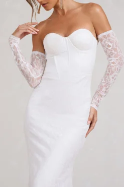 Aniyah | White Lace Bandeau Neckline Corset Fishtail Maxi Dress With Sheer Sleeves 8 Aniyah | White Lace Bandeau Neckline Corset Fishtail Maxi Dress With Sheer Sleeves -Stylixon Sales Store WB CL128062005 Aniyah WhiteLaceBandeauNecklineCorsetFishtailMaxiDressWithSheerSleeves4copy scaled