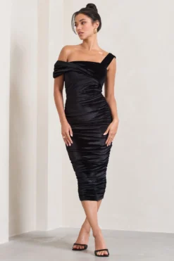 Daniela | Black Velvet One Shoulder Ruched Midi Dress -Stylixon Sales Store WB CL128159002 DanielaBlackVelvetOneShoulderRuchedMidiDress0 scaled