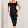 Daniela | Black Velvet One Shoulder Ruched Midi Dress