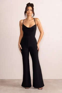 Itzel | Black Cowl Neck Strappy Back Flared Leg Jumpsuit