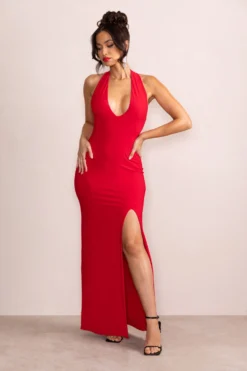 Ines | Red Plunge Neck Sculptured Back Maxi Dress -Stylixon Sales Store WB CL128173InesRedPlungeNeckSculpturedBackMaxiDress00004 scaled