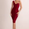 Leona | Burgundy Asymmetric Cowl Neck Midi Dress With Ruching Detail