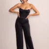 Sophia | Petite Black Satin Bandeau Corset Wide Leg Jumpsuit