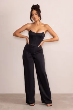 Sophia | Petite Black Satin Bandeau Corset Wide Leg Jumpsuit