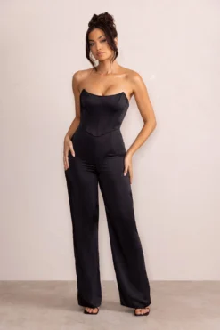 Sophia | Petite Black Satin Bandeau Corset Wide Leg Jumpsuit -Stylixon Sales Store WB CL128201 SophiaBlackSatinBandeauCorsetWideLegJumpsuit2 scaled