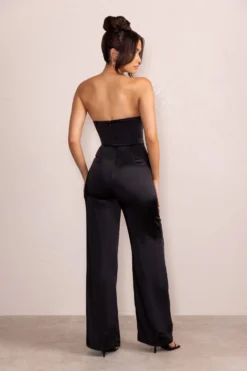 Sophia | Petite Black Satin Bandeau Corset Wide Leg Jumpsuit -Stylixon Sales Store WB CL128201 SophiaBlackSatinBandeauCorsetWideLegJumpsuit4 scaled