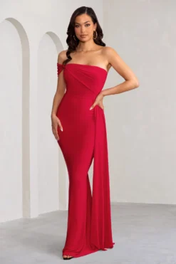 Aaliyah | Red Asymmetric Bardot Maxi Dress With Drape