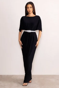 Polly | Black Slash Neck Maxi Dress Cape Sleeves 9 Polly | Black Slash Neck Maxi Dress Cape Sleeves -Stylixon Sales Store WB CL128285 PollyBlackHighNeckMaxiDresswithWaistDetailingandCapeSleeves0