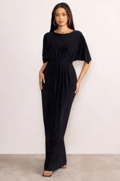 Polly | Black Slash Neck Maxi Dress Cape Sleeves