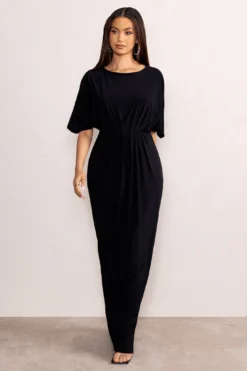 Polly | Black Slash Neck Maxi Dress Cape Sleeves 11 Polly | Black Slash Neck Maxi Dress Cape Sleeves -Stylixon Sales Store WB CL128285 PollyBlackHighNeckMaxiDresswithWaistDetailingandCapeSleeves8