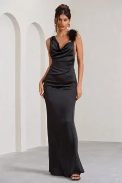 Cherish Me | Black Satin Asymmetric Cowl Maxi Dress With Feather Strap