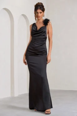 Cherish Me | Black Satin Asymmetric Cowl Maxi Dress With Feather Strap -Stylixon Sales Store WB CL128337002 CherishMeBlackSatinAsymmetricCowlMaxiDressWithFeatherStrap2 scaled