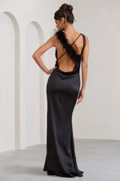 Stylixon Sales Store -Stylixon Sales Store WB CL128337002 CherishMeBlackSatinAsymmetricCowlMaxiDressWithFeatherStrap5 scaled