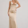 Cherish Me | Gold Satin Asymmetric Cowl Maxi Dress With Feather Strap