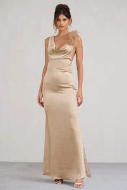Cherish Me | Gold Satin Asymmetric Cowl Maxi Dress With Feather Strap -Stylixon Sales Store WB CL1283370072 CherishMeGoldBodyconMidiDressWithStatementFeatherTrim2 scaled