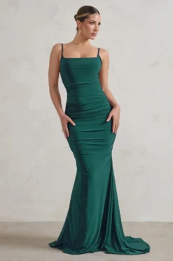 Adele | Bottle Green Backless Ruched Fishtail Cami Maxi Dress -Stylixon Sales Store WB CL128390 AdeleBottleGreenRuchedFishtailCamiMaxiDress1 afae2239 a4f4 4d25 a273 4817c568841d scaled