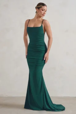 Adele | Bottle Green Backless Ruched Fishtail Cami Maxi Dress -Stylixon Sales Store WB CL128390 AdeleBottleGreenRuchedFishtailCamiMaxiDress2 8fac472a a1c9 4980 8cd7 ab3b956fdeaf scaled