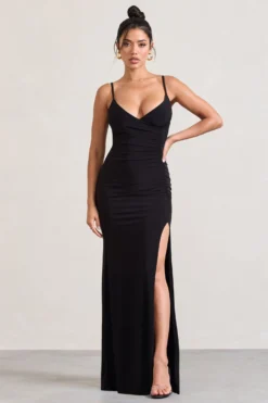 Jeanne | Black Plunge Ruched Cami Maxi Dress With Split -Stylixon Sales Store WB CL128392002 JeanneBlackPlungeRuchedCamiMaxiDressWithSplit0 scaled