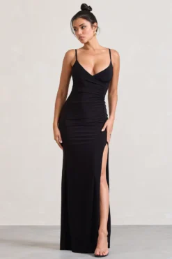 Jeanne | Black Plunge Ruched Cami Maxi Dress With Split -Stylixon Sales Store WB CL128392002 JeanneBlackPlungeRuchedCamiMaxiDressWithSplit1 scaled