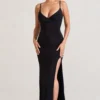 Jeanne | Black Plunge Ruched Cami Maxi Dress With Split