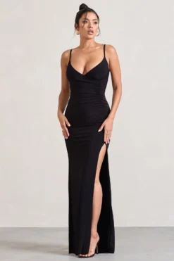 Jeanne | Black Plunge Ruched Cami Maxi Dress With Split