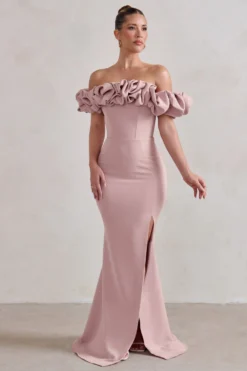 Esmeralda | Blush Pink Structured Statement Bardot Maxi Dress -Stylixon Sales Store WB CL128410 EsmeraldaBlushPinkStructuredStatementBardotMaxiDress2 scaled