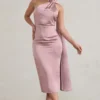 Madame | Blush Pink Satin Asymmetric Scarf Neck Backless Midi Dress