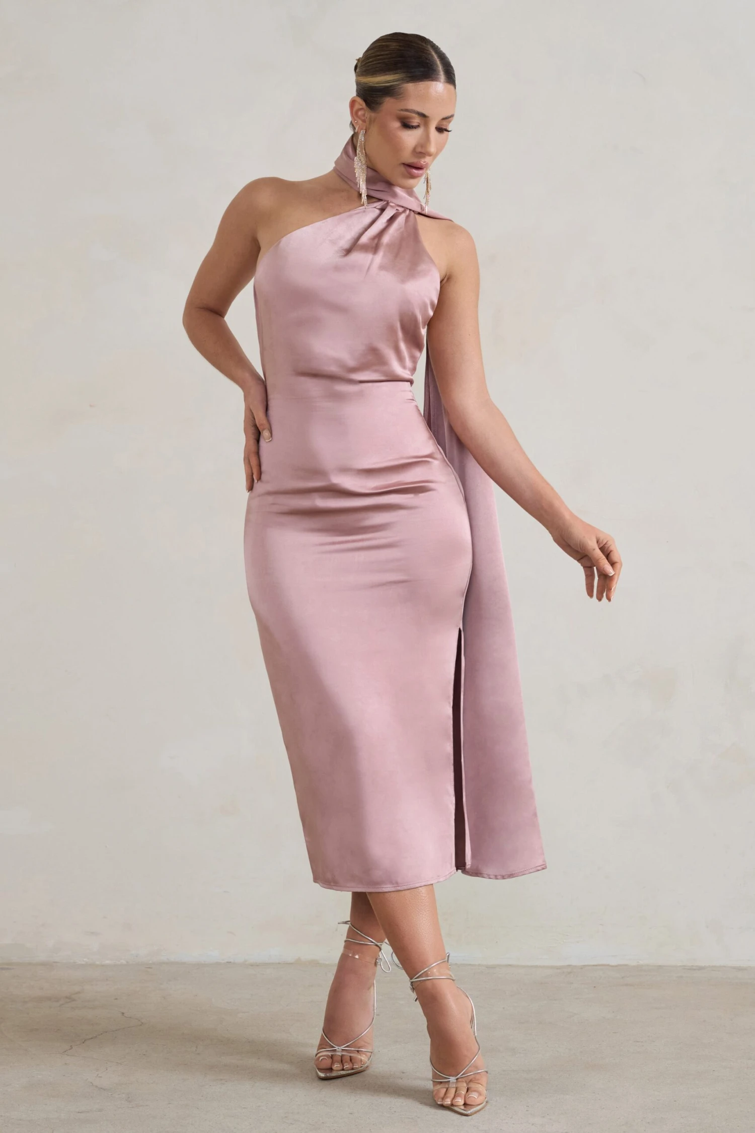Madame | Blush Pink Satin Asymmetric Scarf Neck Backless Midi Dress 1 Madame | Blush Pink Satin Asymmetric Scarf Neck Backless Midi Dress
