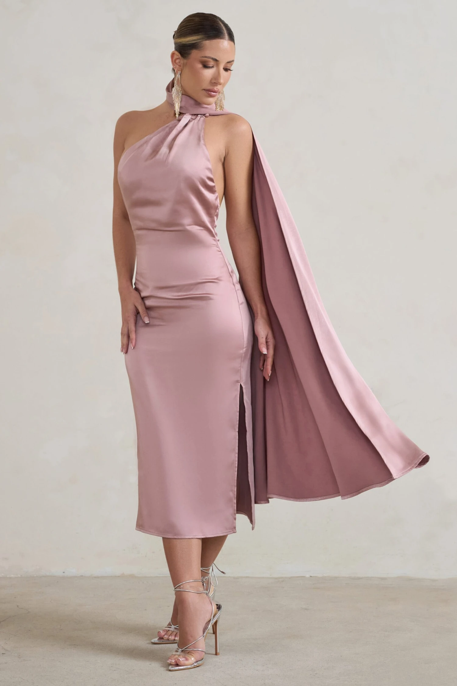 Madame | Blush Pink Satin Asymmetric Scarf Neck Backless Midi Dress 4 Madame | Blush Pink Satin Asymmetric Scarf Neck Backless Midi Dress - Image 4