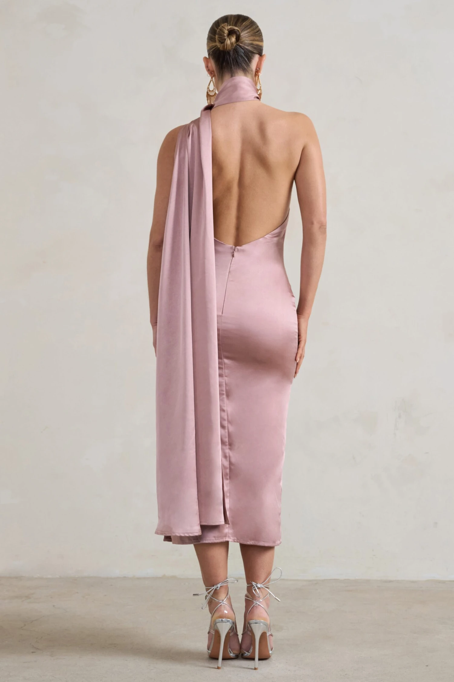 Madame | Blush Pink Satin Asymmetric Scarf Neck Backless Midi Dress 2 Madame | Blush Pink Satin Asymmetric Scarf Neck Backless Midi Dress - Image 2