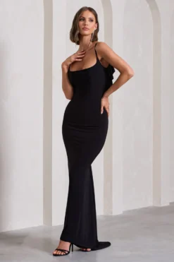 Flute | Black Bodycon Maxi Dress With Ruched Ruffled Back -Stylixon Sales Store WB CL128443002 FluteBlackBodyconMaxiDressWithRuchedRuffledBack2 scaled