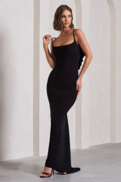 Flute | Black Bodycon Maxi Dress With Ruched Ruffled Back -Stylixon Sales Store WB CL128443002 FluteBlackBodyconMaxiDressWithRuchedRuffledBack3 scaled