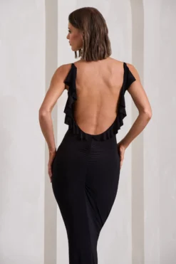 Flute | Black Bodycon Maxi Dress With Ruched Ruffled Back -Stylixon Sales Store WB CL128443002 FluteBlackBodyconMaxiDressWithRuchedRuffledBack8 scaled