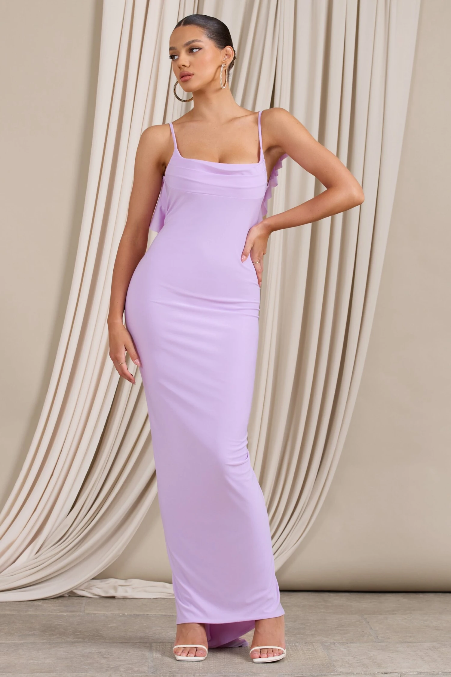 Flute | Lilac Bodycon Maxi Dress With Ruched Ruffled Back 5 Flute | Lilac Bodycon Maxi Dress With Ruched Ruffled Back - Image 5