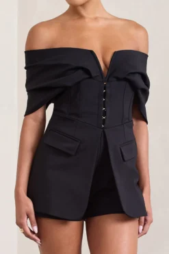 Damsel | Black Cotton-Blend Corset Bardot Playsuit -Stylixon Sales Store WB CL128457002 DamselBlackCotton BlendCorsetBardotPlaysuit1 b878736a 252a 497a b6aa 5b92db5088c9 scaled
