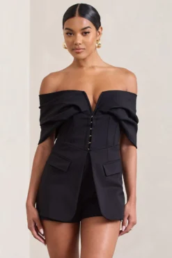 Damsel | Black Cotton-Blend Corset Bardot Playsuit -Stylixon Sales Store WB CL128457002 DamselBlackCotton BlendCorsetBardotPlaysuit3 df273405 8fc5 4790 bc7f be5636895072 scaled