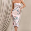 Sauvignon | Pink Floral Satin Bandeau Midi Dress With Cowl Back