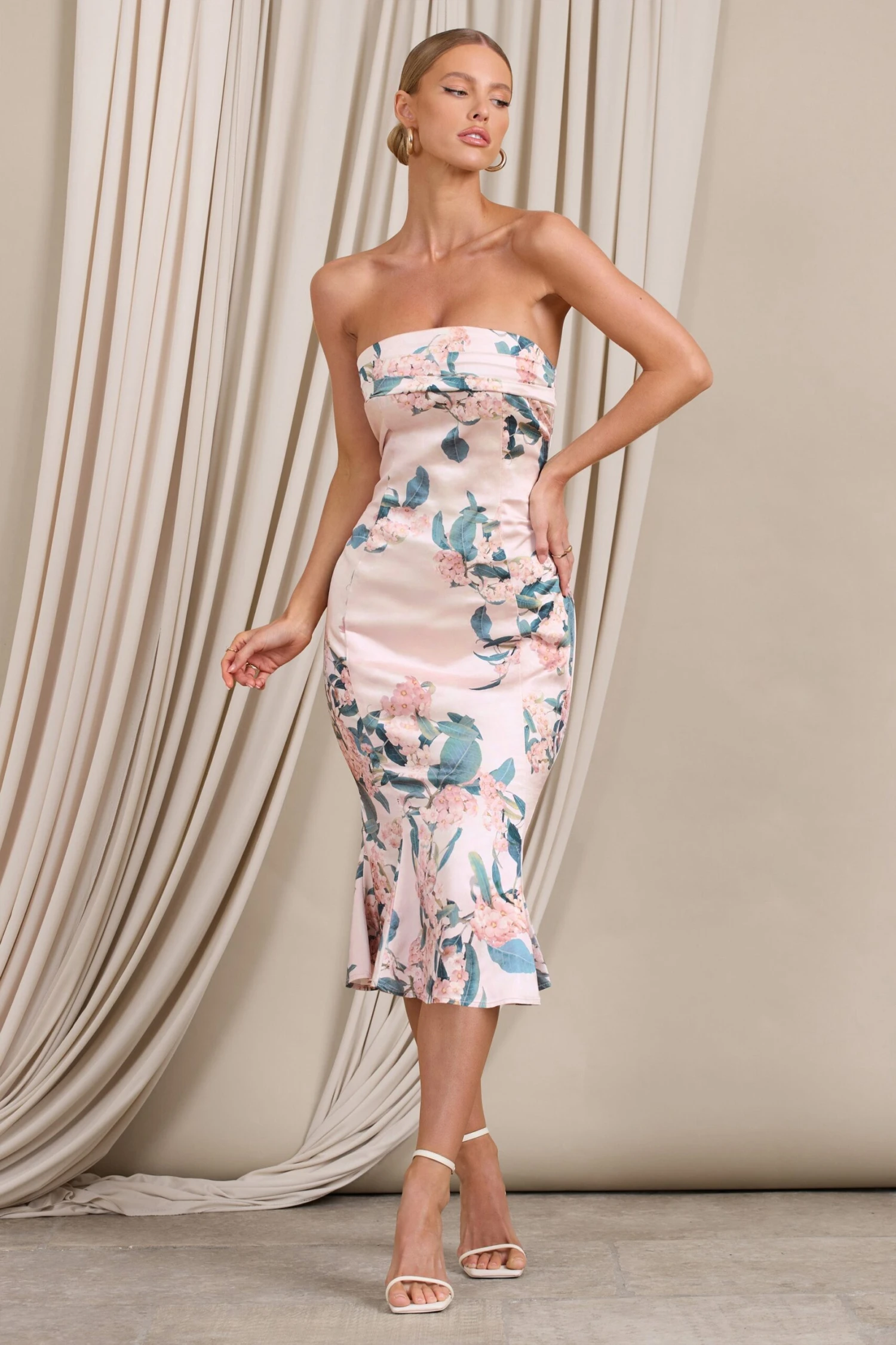 Sauvignon | Pink Floral Satin Bandeau Midi Dress With Cowl Back 4 Sauvignon | Pink Floral Satin Bandeau Midi Dress With Cowl Back - Image 4