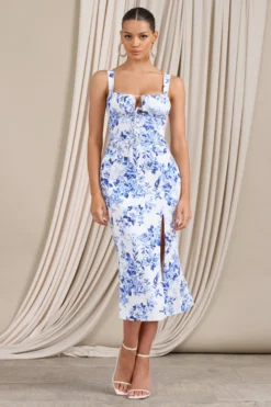 Corvina | Blue Floral Strappy Laced Corset Split Midi Dress