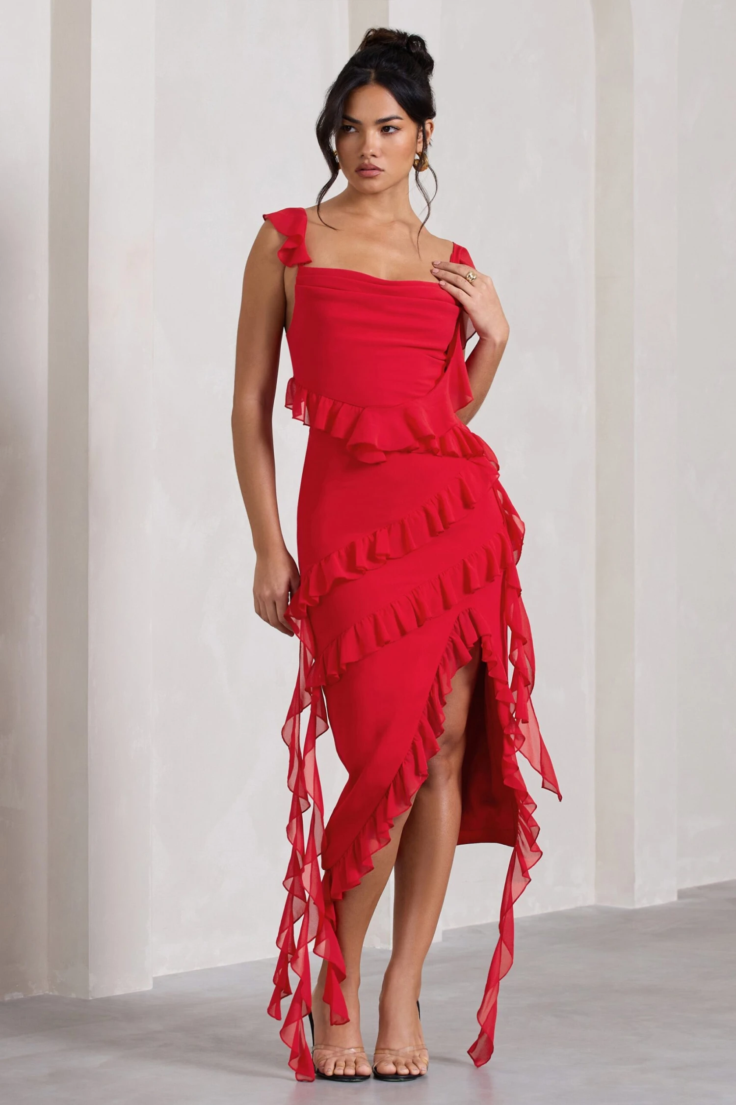 Havana Heat | Red Cowl Ruffle Chiffon Midi Dress 4 Havana Heat | Red Cowl Ruffle Chiffon Midi Dress - Image 4