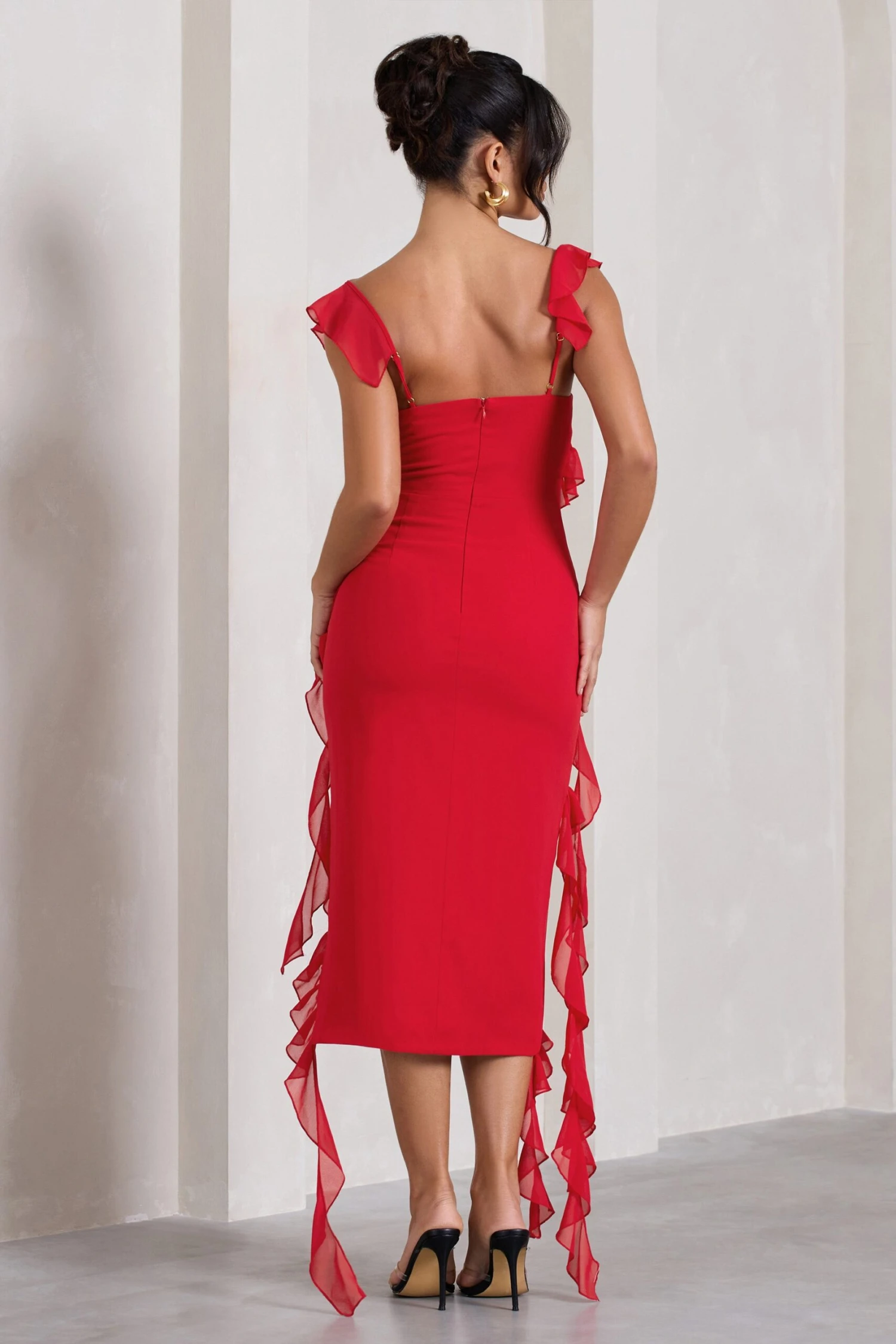Havana Heat | Red Cowl Ruffle Chiffon Midi Dress 2 Havana Heat | Red Cowl Ruffle Chiffon Midi Dress - Image 2